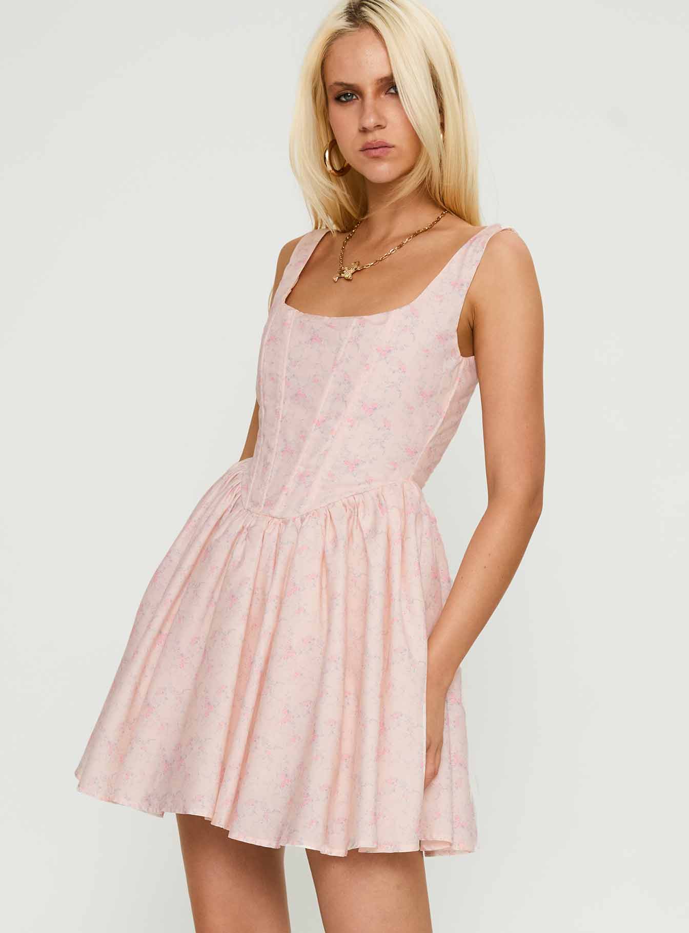 back view of model wearing Princess Polly Bridgitte Corset Mini Dress Floral Square Neck 