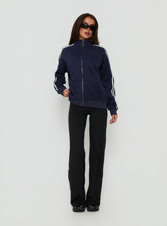 Featuring the Keeran Funnel Neck Fleece Jumper Navy / White womens jumpers in short length front view of model wearing Princess Polly