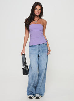 front view of model wearing Princess Polly Strutter Strapless Top Purple Sleeveless straight 