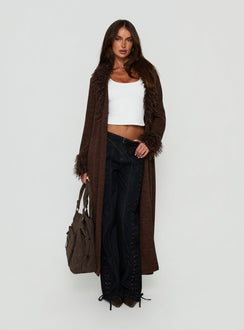 Marriah Longline Cardigan mit Webpelzbesatz Schoko