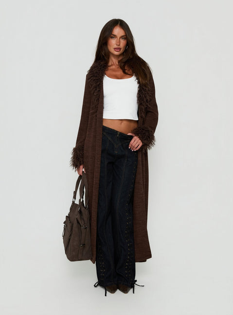 Marriah Longline Cardigan mit Webpelzbesatz Schoko