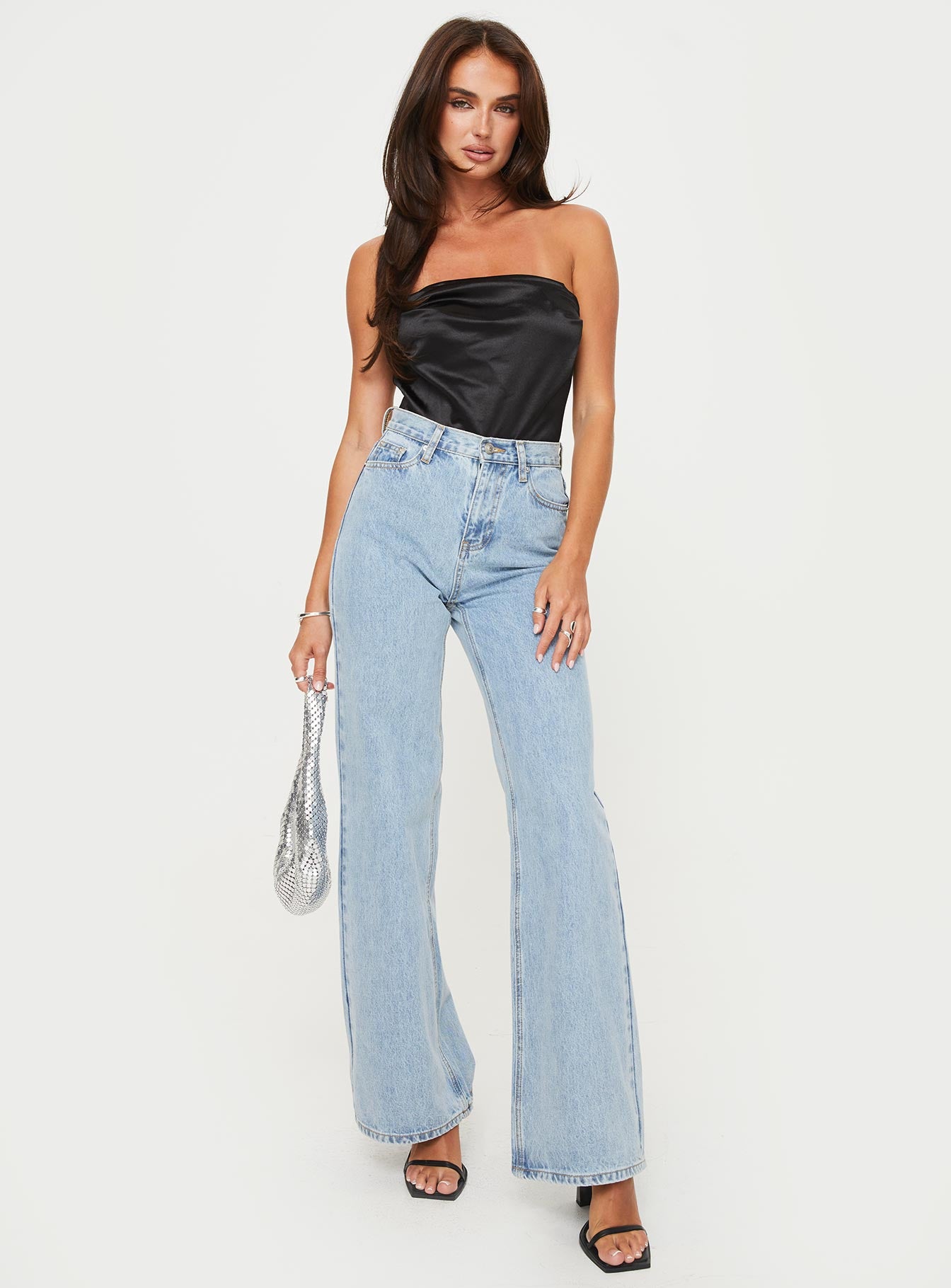 front view of model wearing Princess Polly Colben Strapless Bodysuit Black Sleeveless 