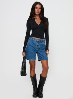 front view of model wearing Princess Polly Layna Long Sleeve Plunge Neck Top Black Full Sleeves V-Neck 