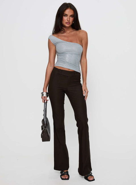 front view of model wearing Princess Polly Kinkirk Flared Pants Chocolate Low Rise Pants 