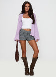 front view of model wearing Princess Polly Abner Cable Cardigan Lilac Long 