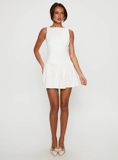 front view of model wearing Princess Polly Milienne Mini Dress White Crew Neck 