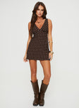 front view of model wearing Princess Polly Nellie Mini Dress Brown Polka Dot Tall V-Neck 