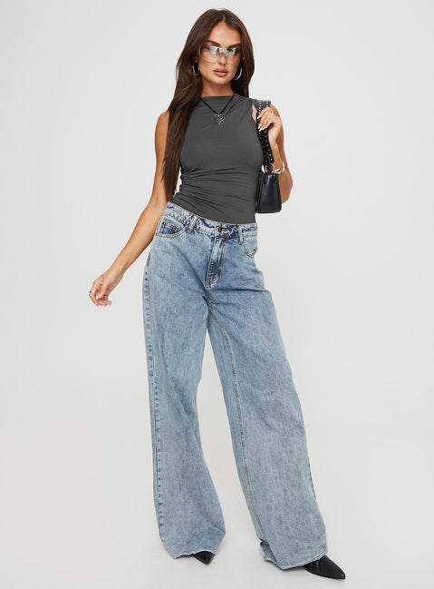 side view of model wearing Princess Polly Josefine Bodysuit Grey Petite Sleeveless High Neck 