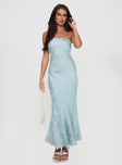 front view of model wearing Princess Polly Salvin Strapless Maxi Dress Blue Straight Neck 