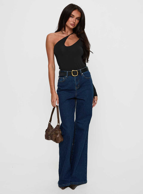 side view of model wearing Princess Polly Play Pretend One Sleeve Bodysuit Black Full Sleeves 