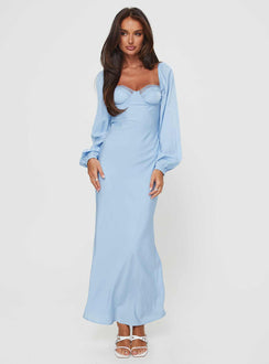 front view of model wearing Princess Polly Hazel Long Sleeve Maxi Dress Blue Sweetheart Neckline 