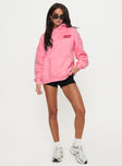 front view of model wearing Princess Polly Princess Polly Hooded Sweatshirt Bubble Text Pink / Red 