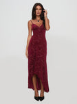 side view of model wearing Princess Polly Rumours Slippy Burnout Maxi Dress Burgundy Sweetheart Neckline 