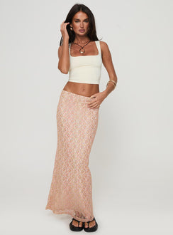 back view of model wearing Princess Polly Gallego Lace Maxi Skirt Pink Maxi 