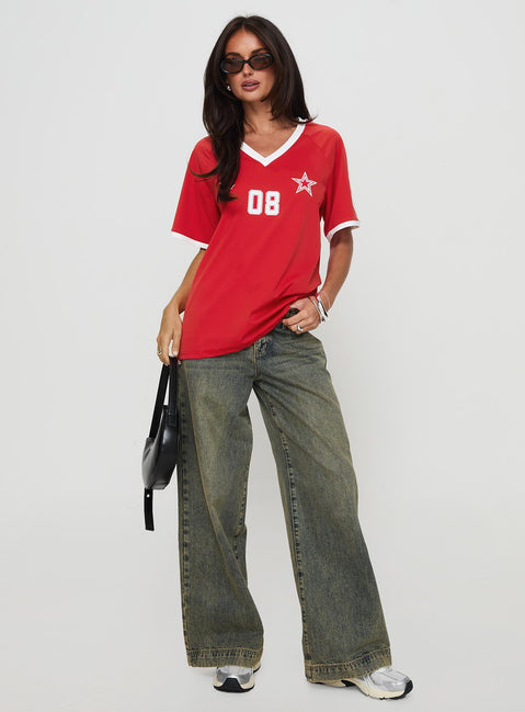 front view of model wearing Princess Polly Spectate Top Red Short Sleeves V-Neck 