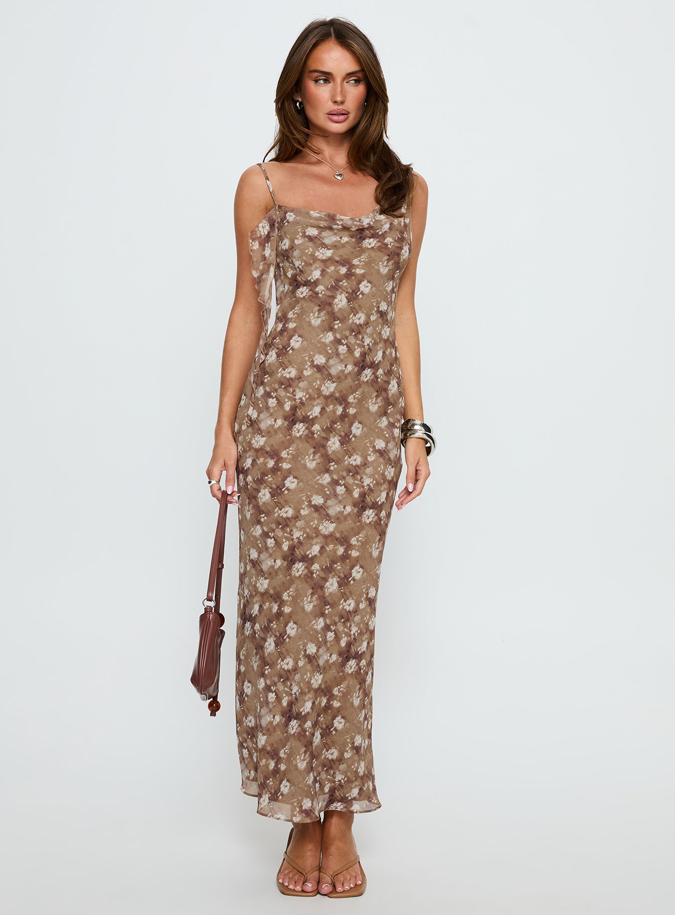 Silah Cowl Neck Maxi Dress Brown Floral