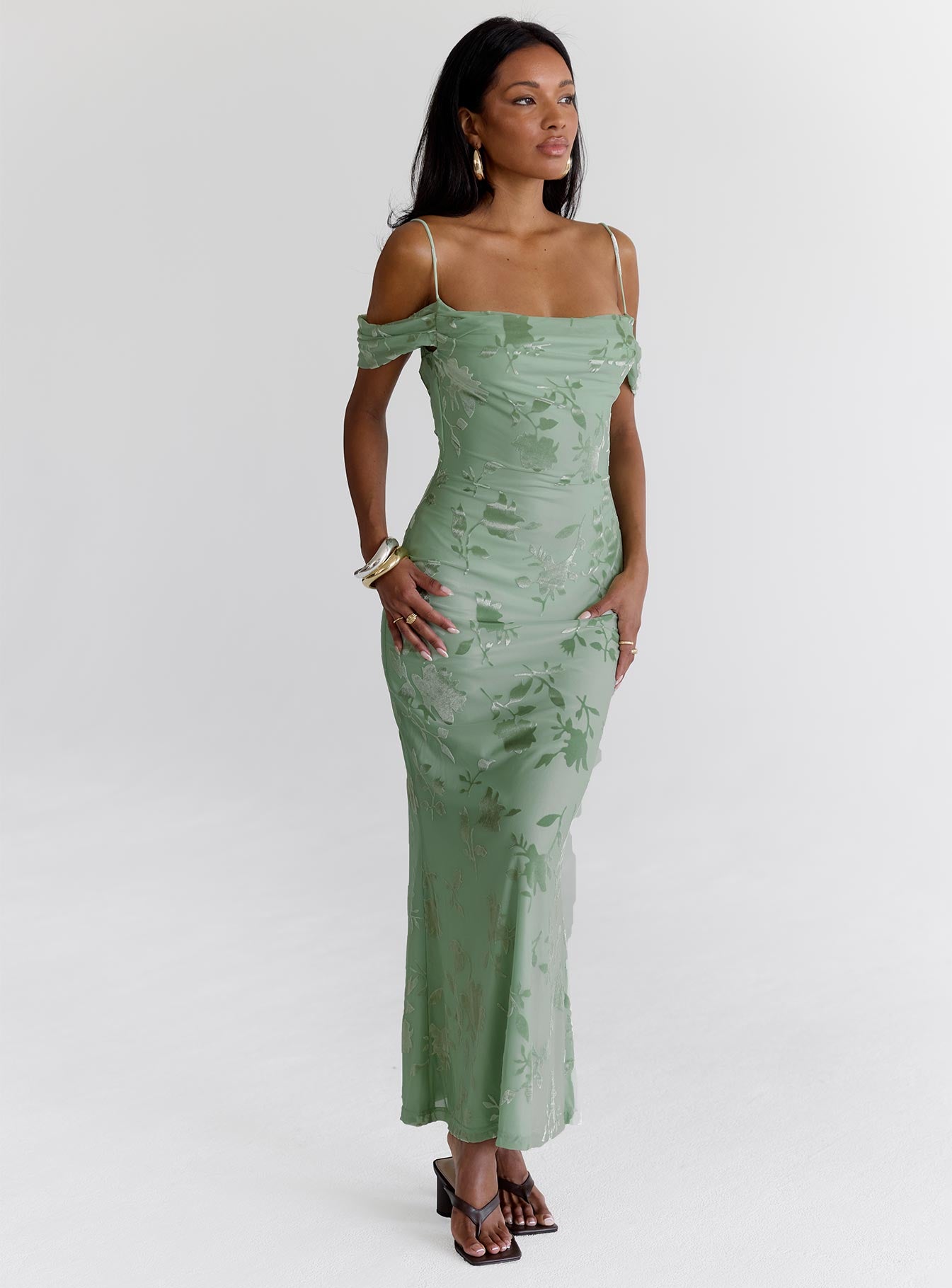 front view of model wearing Princess Polly Green Gables Burnout Maxi Dress Sage Square Neck 