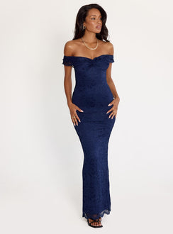 front view of model wearing Princess Polly Anabeila Strapless Maxi Dress Navy Sweetheart Neckline 