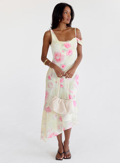front view of model wearing Princess Polly Somebody Like Me Asymmetrical Midi Dress Pink Floral Cowl Neck 