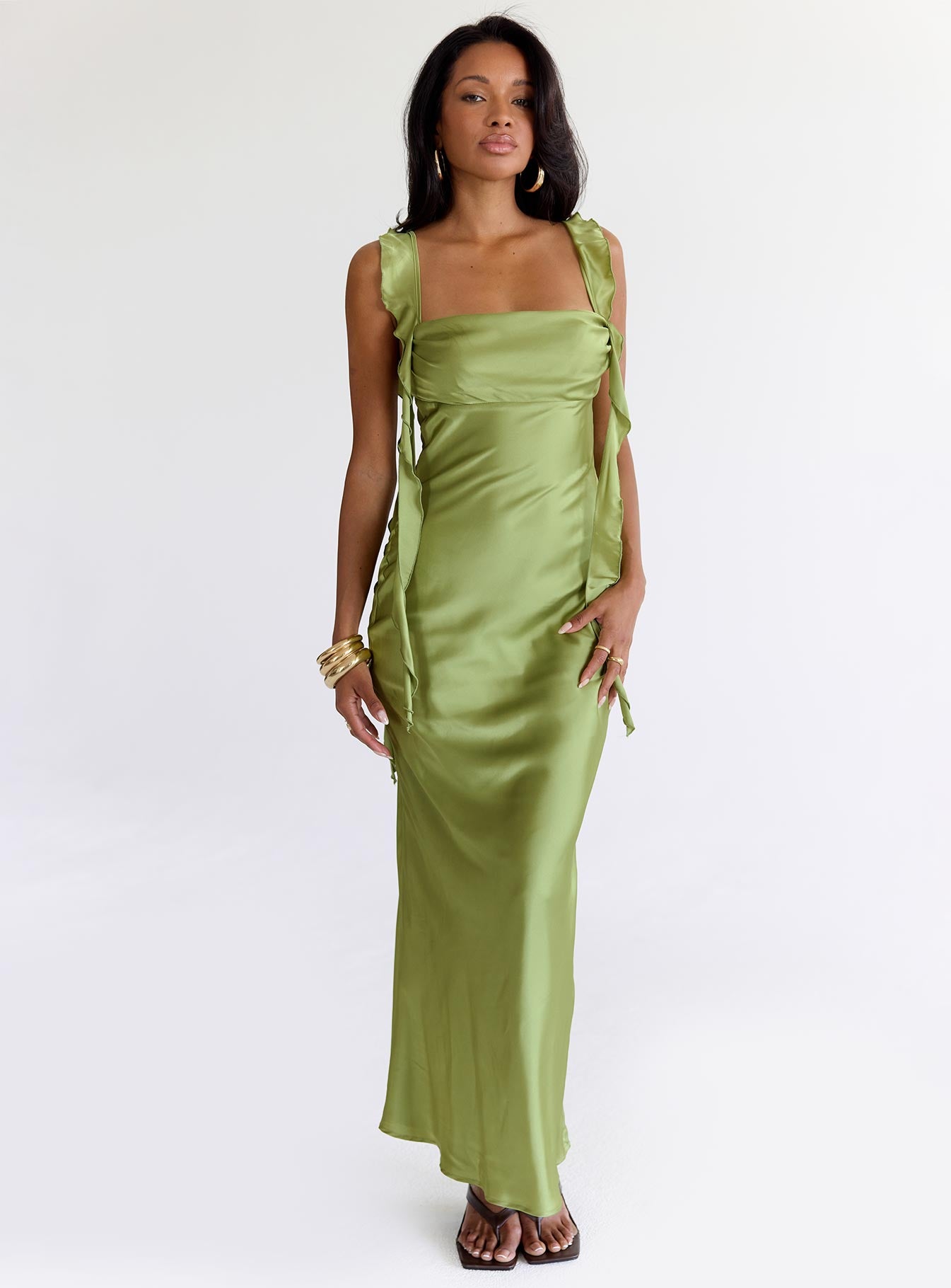 front view of model wearing Princess Polly Lanai Maxi Dress Olive Square Neck 