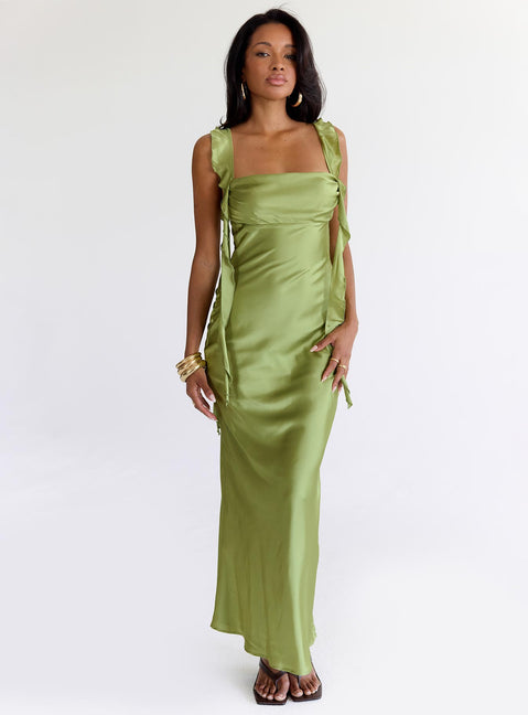 front view of model wearing Princess Polly Lanai Maxi Dress Olive Square Neck 