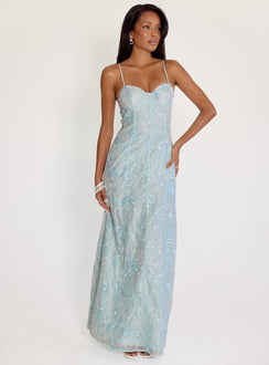 front view of model wearing Princess Polly Believe In Love Embroidered Maxi Dress Blue Sweetheart Neckline 