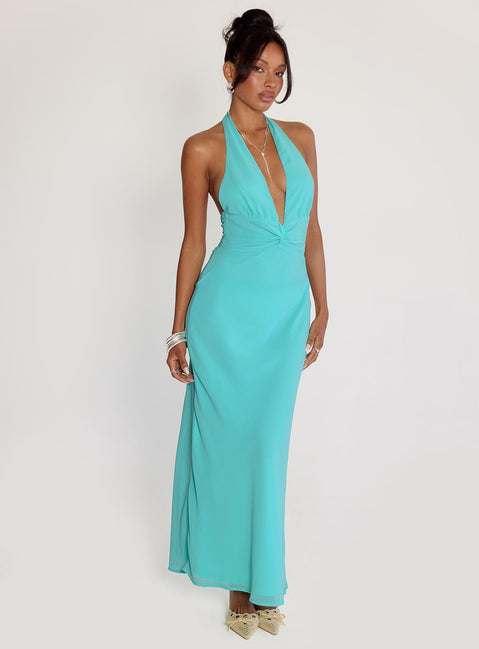 front view of model wearing Princess Polly Destina Plunge Maxi Dress Aqua Plunger 
