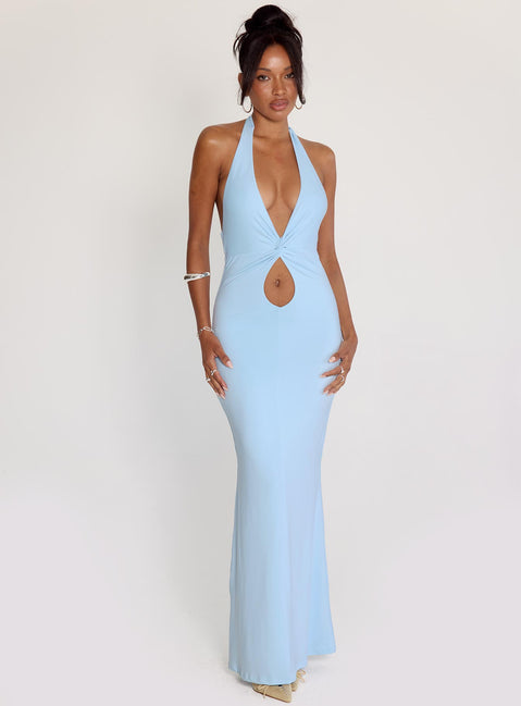 front view of model wearing Princess Polly No Hard Feelings Twist Maxi Dress Blue Plunger 