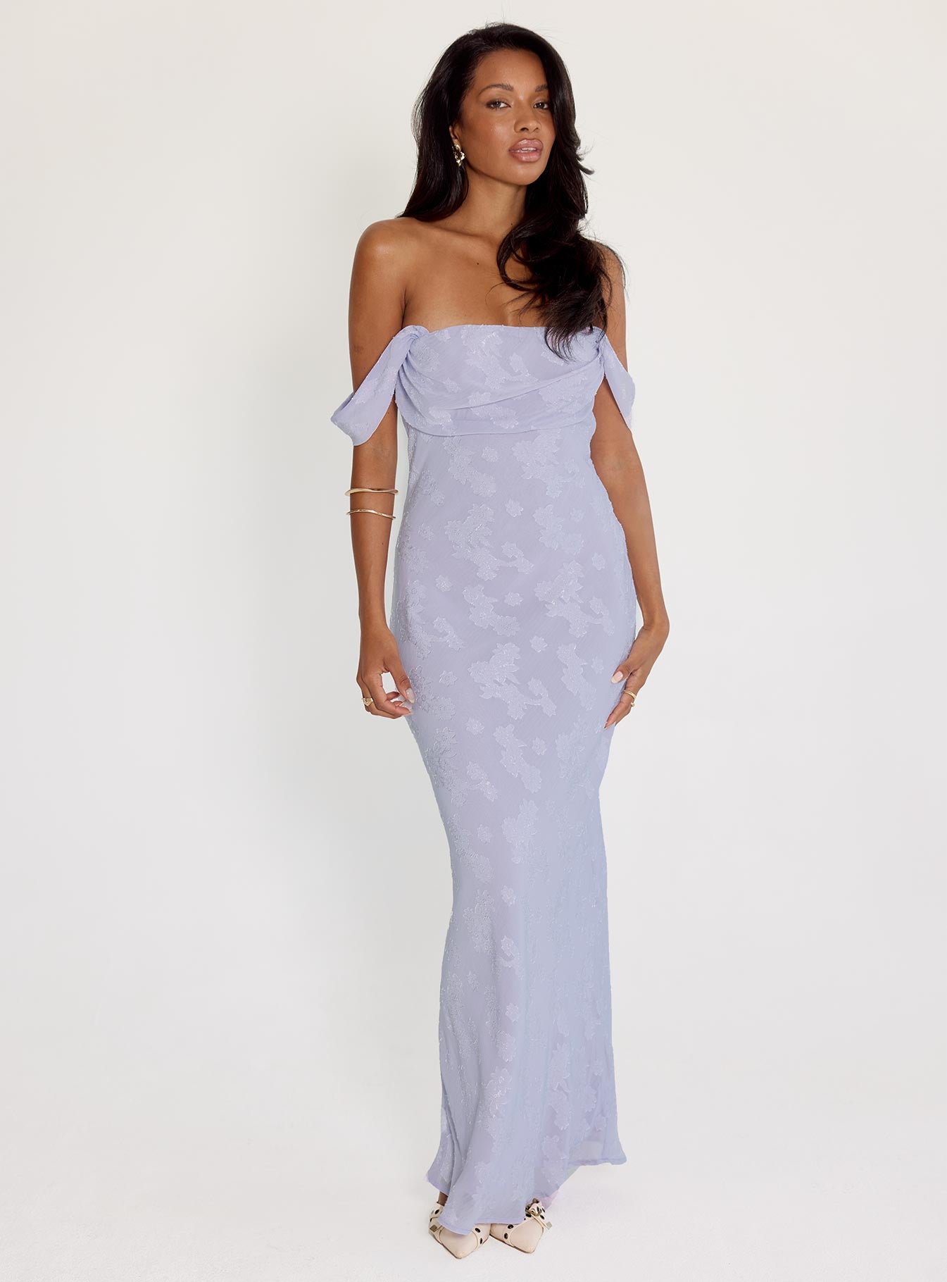 front view of model wearing Princess Polly Azura Off The Shoulder Maxi Dress Lilac Straight Neck 