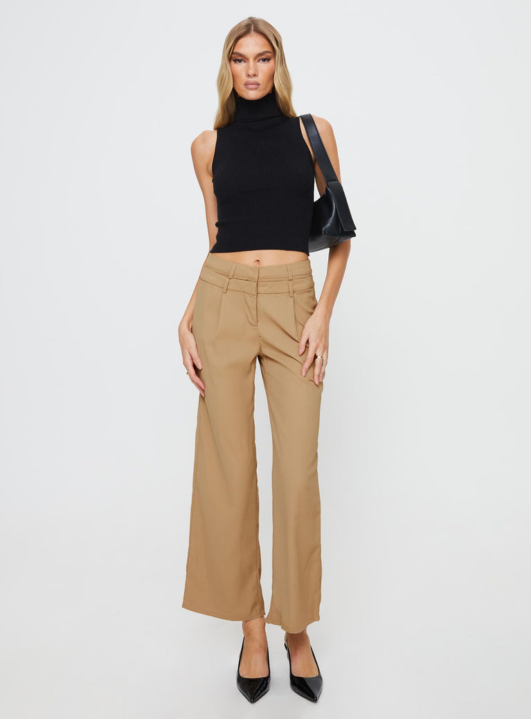 Front view of model wearing  front Princess Polly High Waisted Pants  Paulino Double Waistband Pants Beige