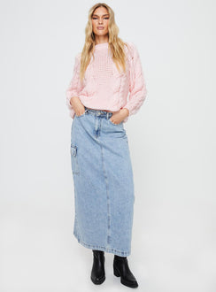 front view of model wearing Princess Polly Ellison Cable Knit Sweater Blush Pink Long 