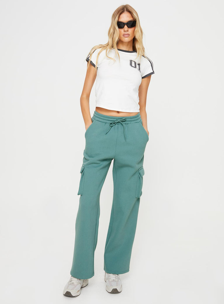 Front view of model wearing  front Princess Polly  Hamner Cargo Track Pants Soft Sage