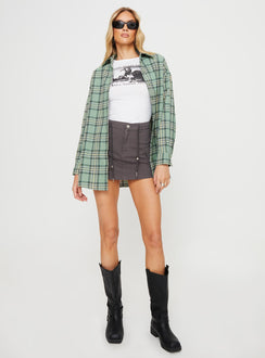 Front view of model wearing  front Princess Polly Three Fourth Sleeves High Neck  Tollen Shirt Dark Green Check