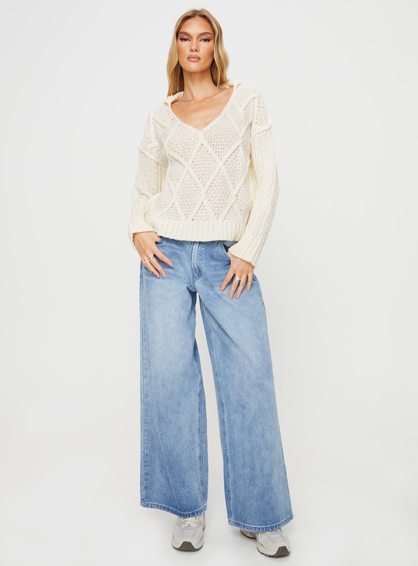 Zosia Diamond Cable Knit Sweater Cream Princess Polly  regular 