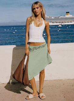 side view of model wearing Princess Polly Nataliya Halter Top White Sleeveless Scoop Neck 