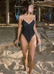 Black One piece Underwire with removable cups, lace trim with bow detail, adjustable straps, high cut leg, cheeky bottom