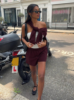 side view of model wearing Princess Polly All Day Short Wine High Waisted Shorts 