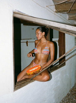 Striped print bikini bottoms Tie side design, adjustable coverage, cheeky cut bottoms