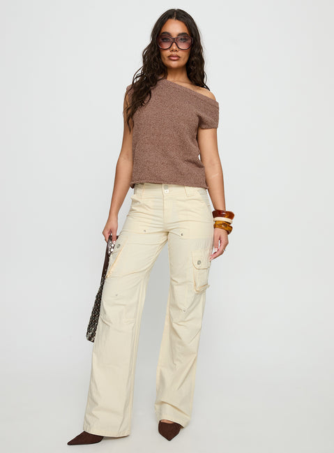 front view of model wearing Princess Polly Remmi Cargo Pants Cream Mid Rise Pants 