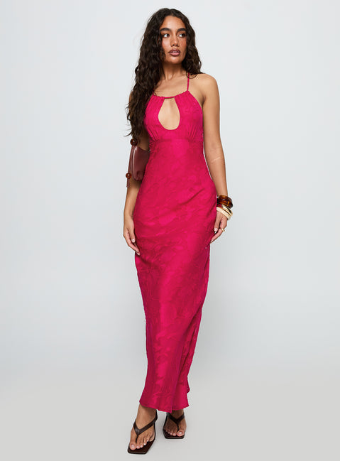 front view of model wearing Princess Polly Magnetic Halter Maxi Dress Hot Pink Crew Neck 