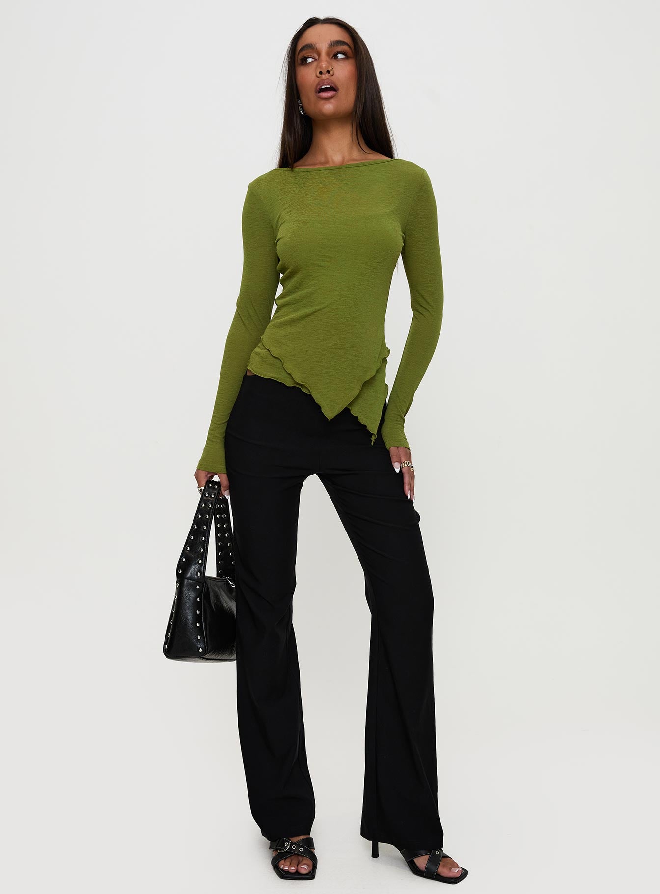 side view of model wearing Princess Polly I Know You Backless Long Sleeve Top Green Full Sleeves Boat Neck 