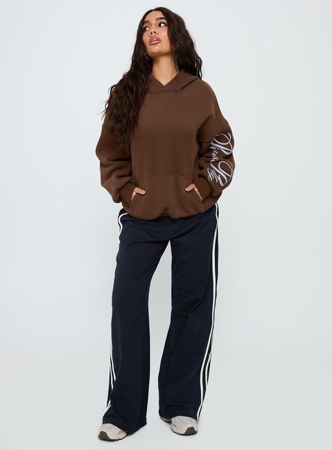 front view of model wearing Princess Polly Princess Polly Script Text Graphic Hoodie Brown / Blue Long 