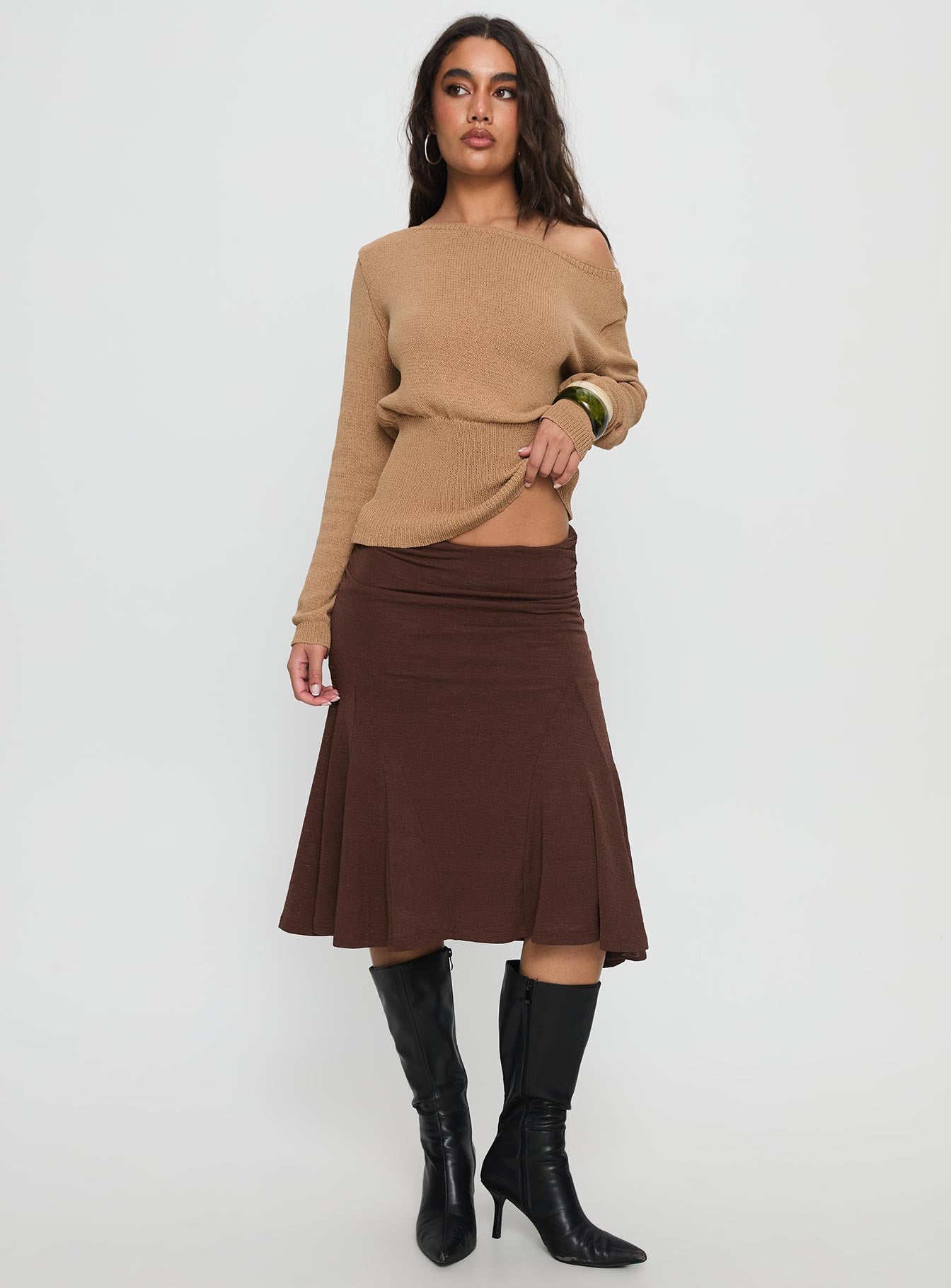   front view of model wearing Princess Polly Lewish Low Rise Midi Skirt Chocolate Midi Skirts 