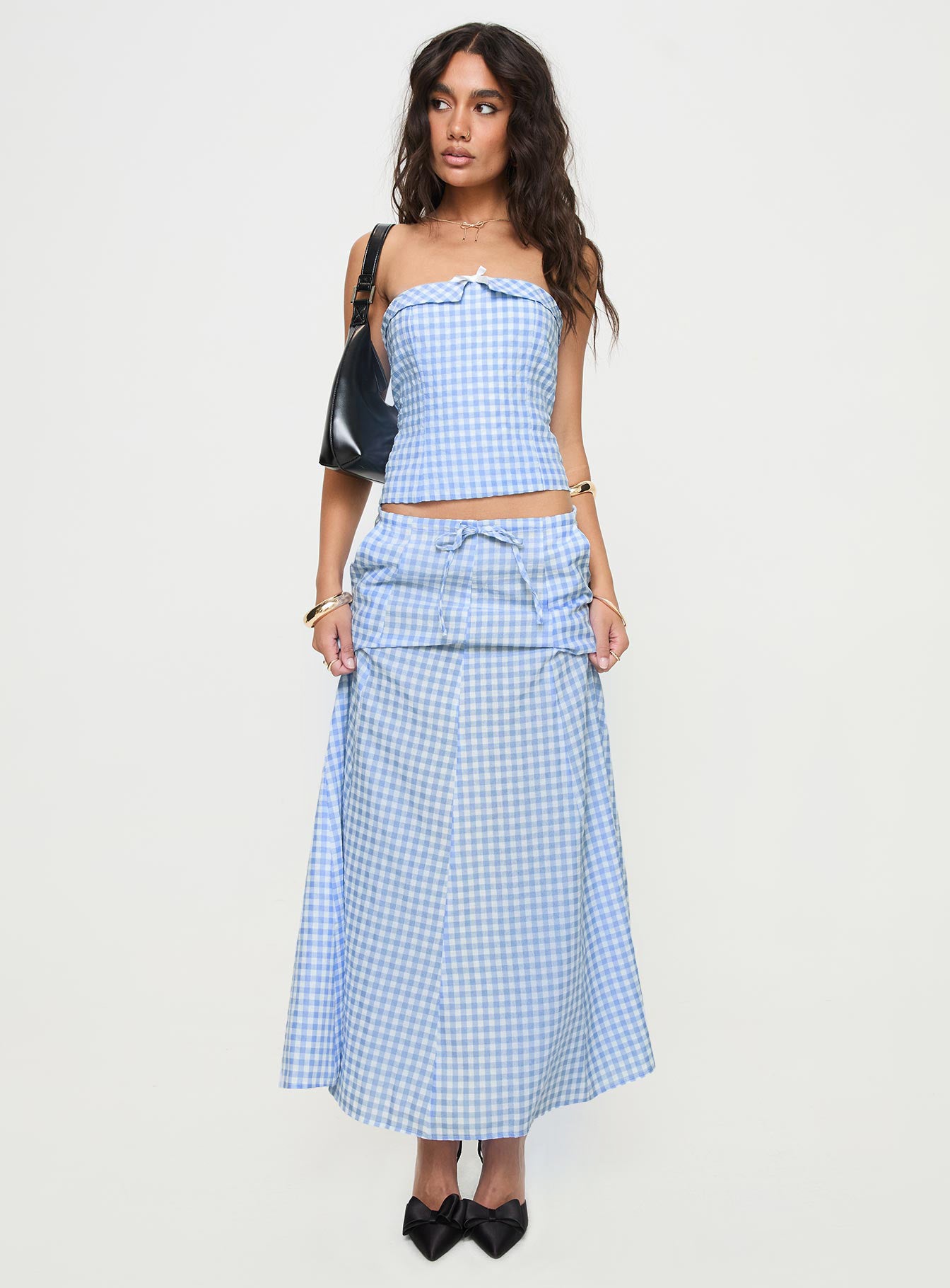 front view of model wearing Princess Polly Carmino Strapless Top Blue Check Sleeveless straight 