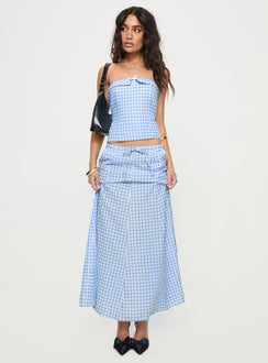 front view of model wearing Princess Polly Carmino Strapless Top Blue Check Sleeveless straight 
