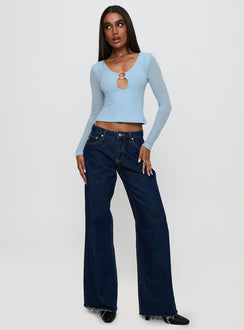 side view of model wearing Princess Polly This Fate Long Sleeve Ring Detail Top Blue Full Sleeves Scoop Neck 