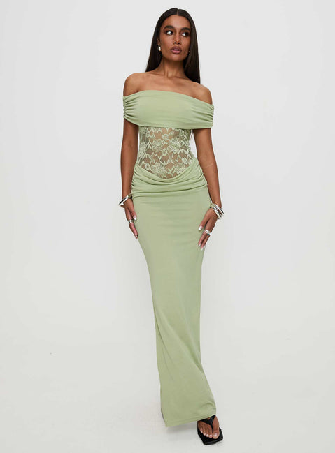 front view of model wearing Princess Polly Gwendolen Off The Shoulder Maxi Dress Green Straight Neck 