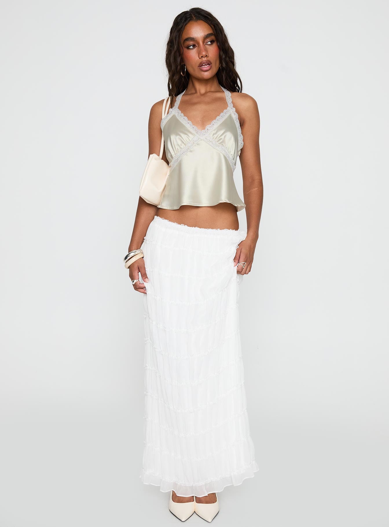 back view of model wearing Princess Polly Estefania Maxi Skirt White Maxi 