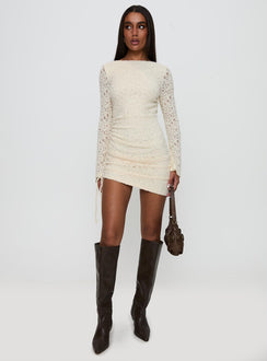 front view of model wearing Princess Polly Que Sera Long Sleeve Mini Dress Cream Boat Neck 