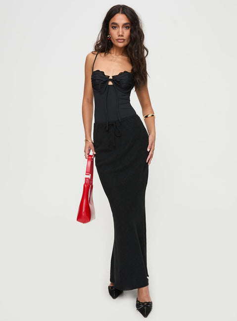 side view of model wearing Princess Polly Monument Bodysuit Black Sleeveless Sweetheart 